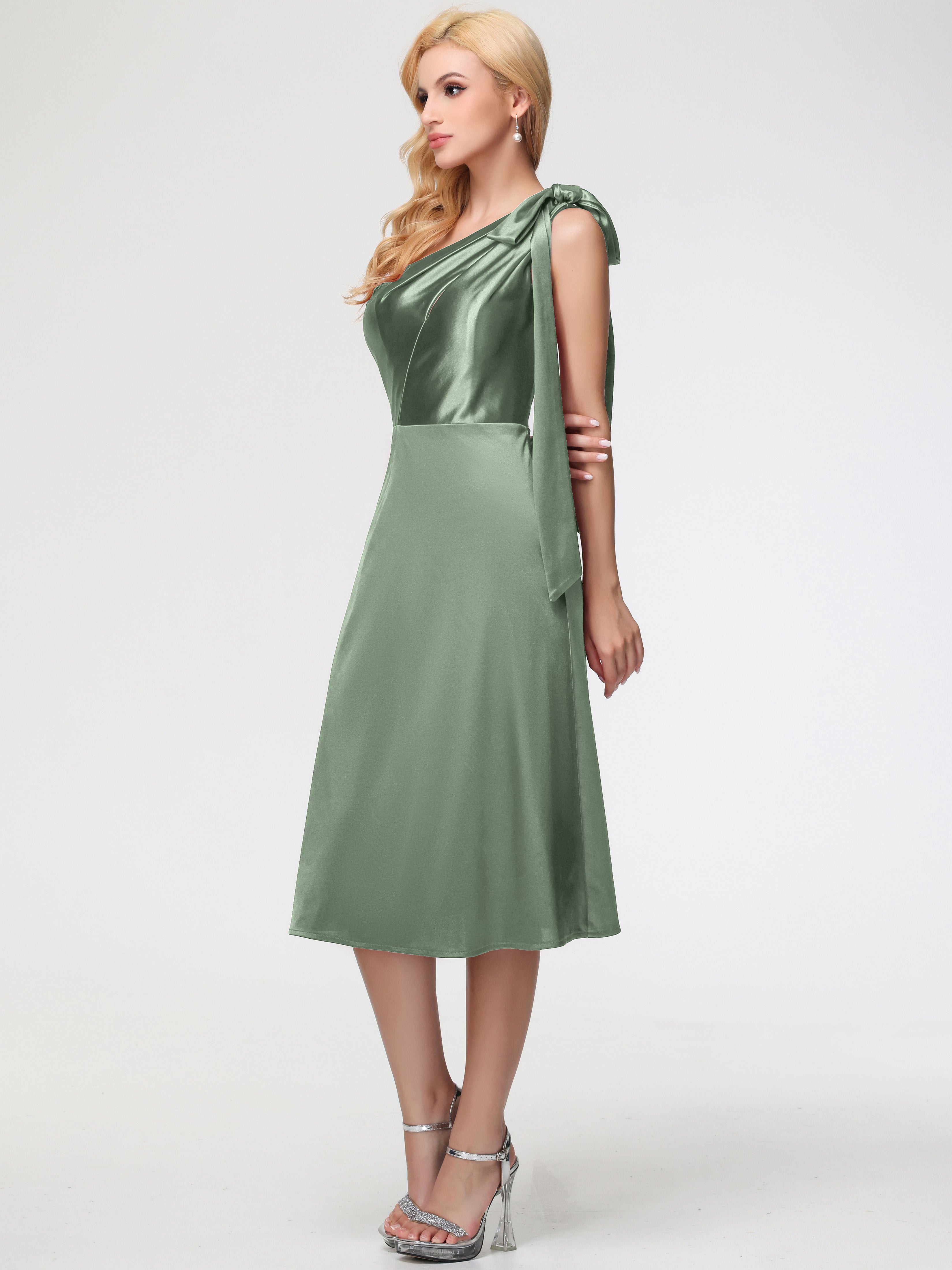 Dusty Sage Bridesmaids Dresses One Shoulder Tea-Length Sleeveless A-Line Stretch Satin Bridesmaid Dresses