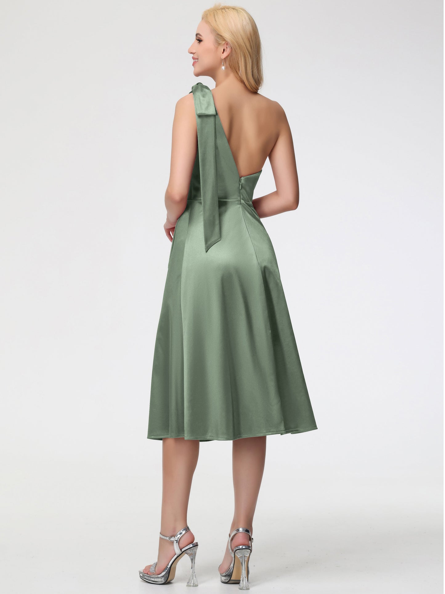 Dusty Sage Bridesmaids Dresses One Shoulder Tea-Length Sleeveless A-Line Stretch Satin Bridesmaid Dresses