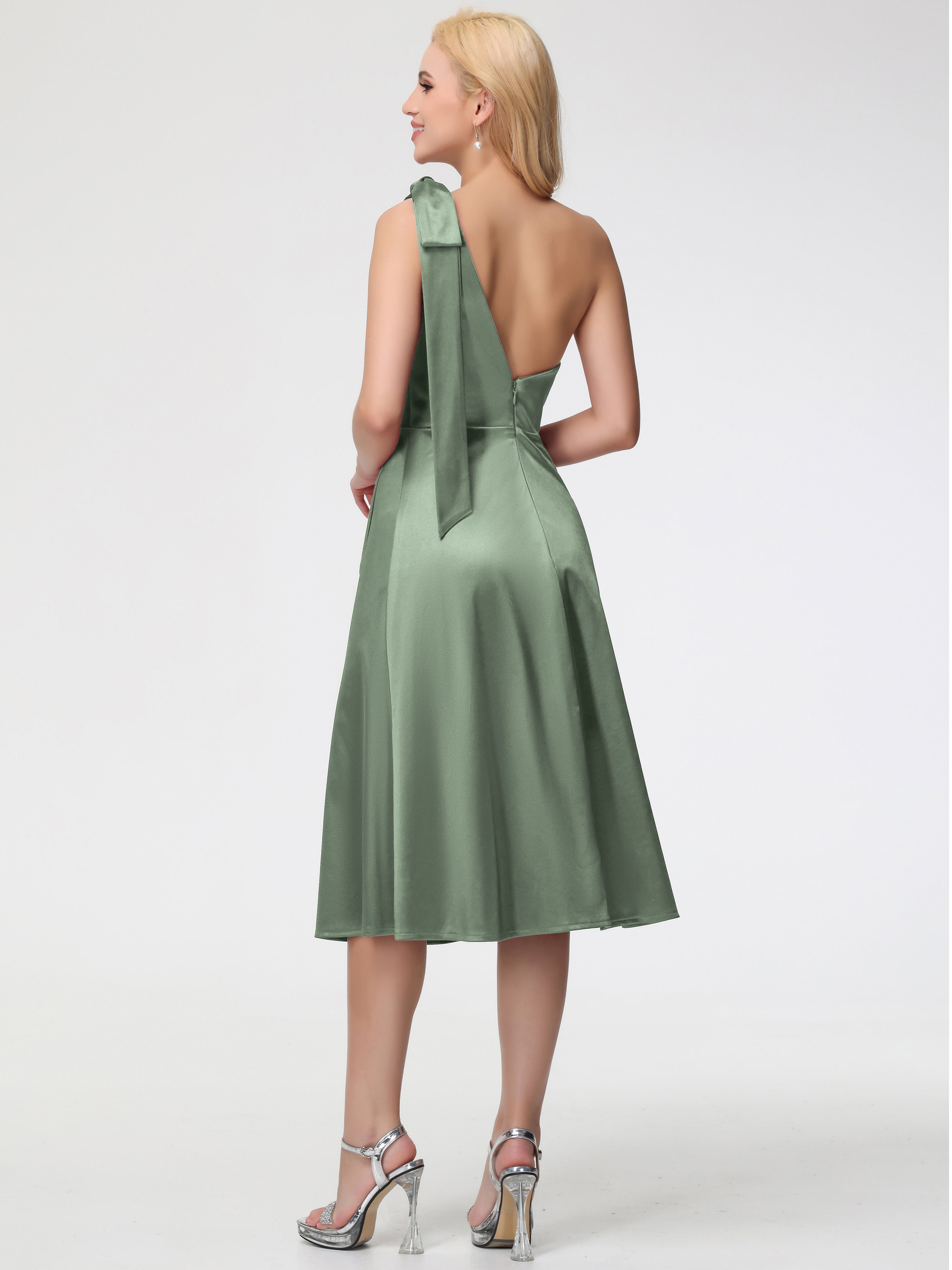 Dusty Sage Bridesmaids Dresses One Shoulder Tea-Length Sleeveless A-Line Stretch Satin Bridesmaid Dresses