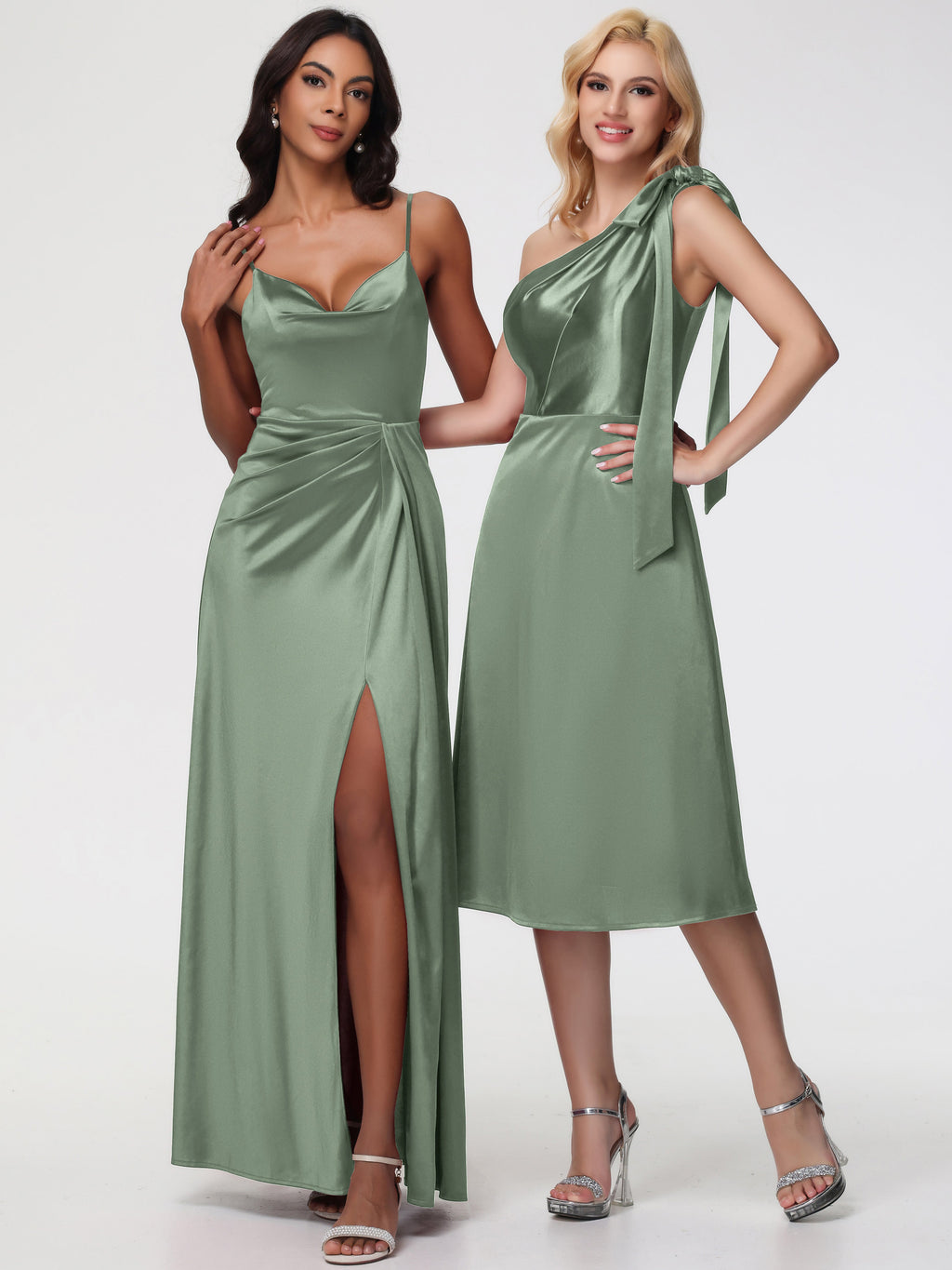 Dusty Sage Bridesmaids Dresses One Shoulder Tea-Length Sleeveless A-Line Stretch Satin Bridesmaid Dresses