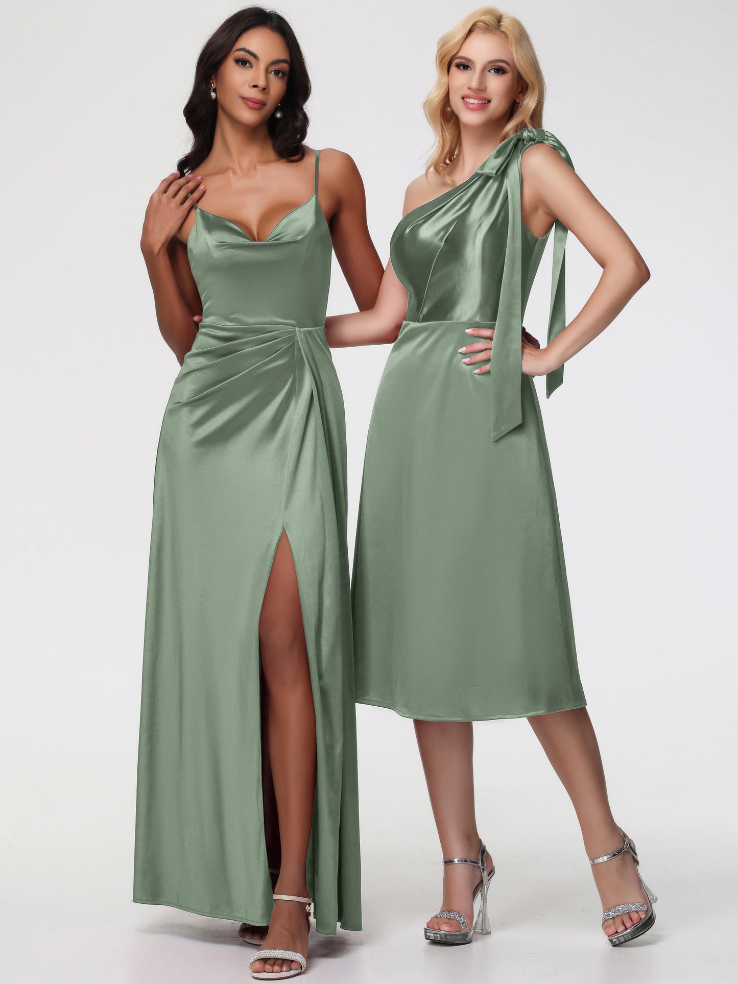 Dusty Sage Bridesmaids Dresses One Shoulder Tea-Length Sleeveless A-Line Stretch Satin Bridesmaid Dresses