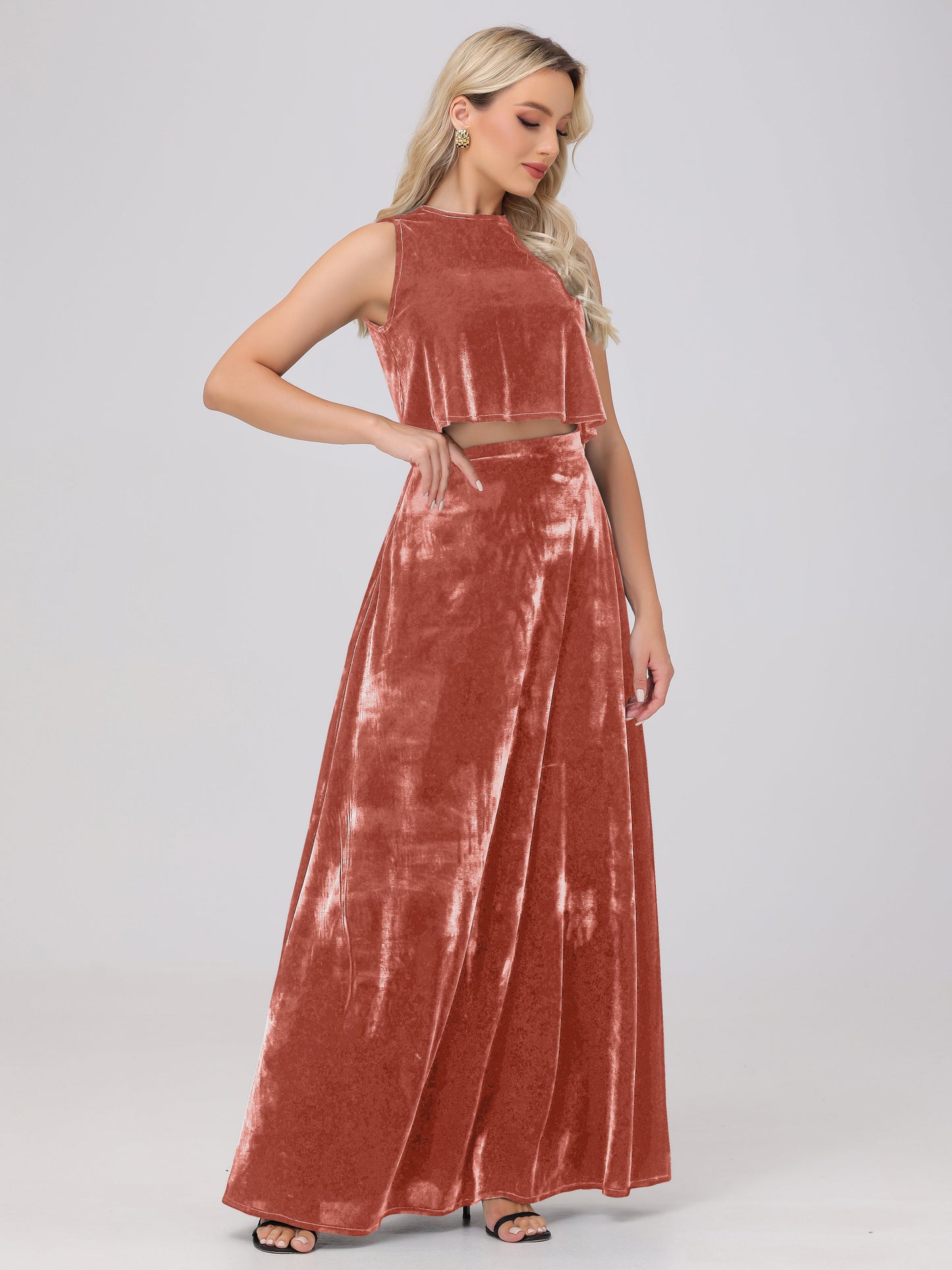 Two-Pieces A-Line Sleeveless Velvet Bridesmaid Dresses