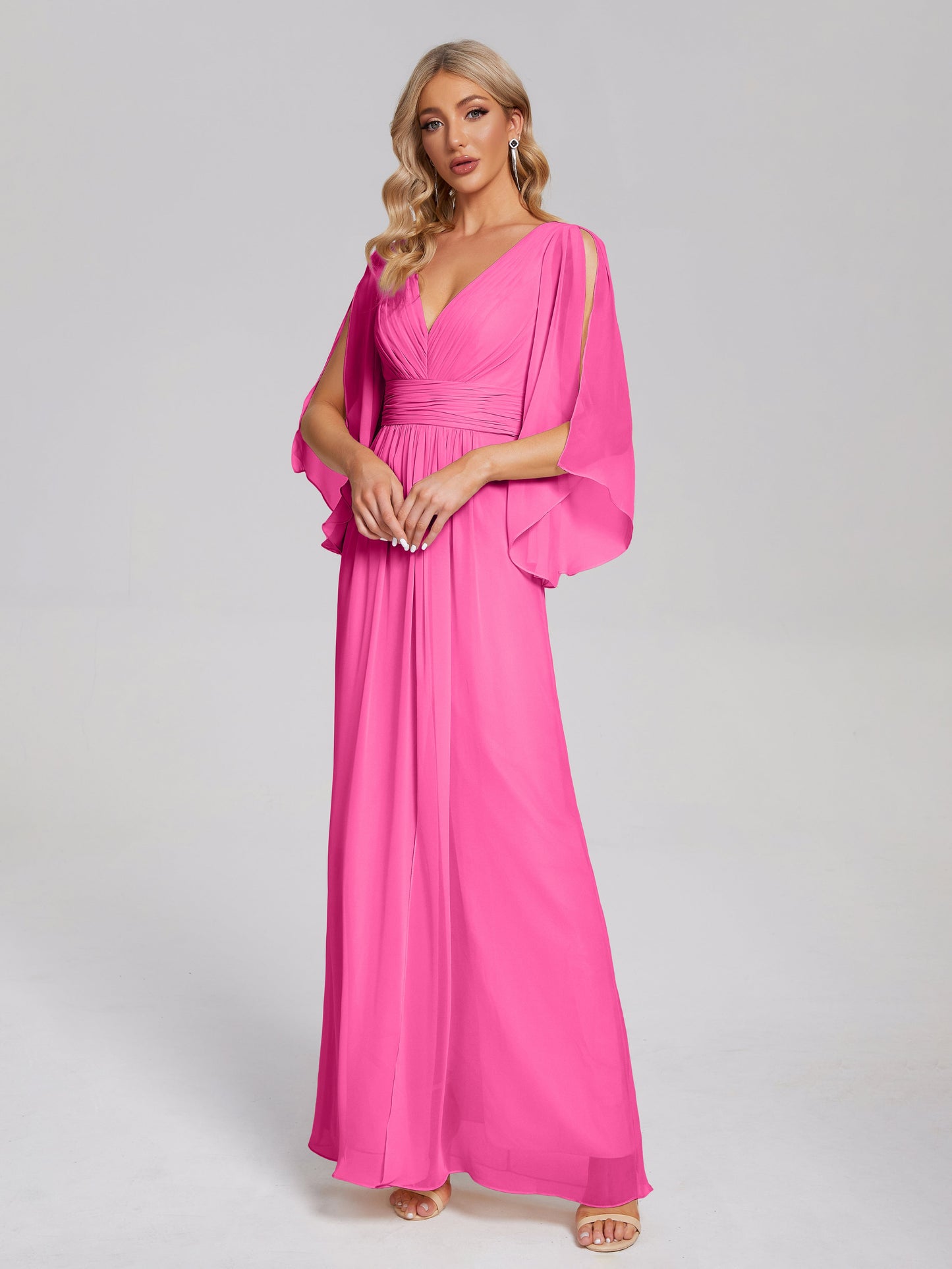 Fatima V-neck Ruffles Long Chiffon Bridesmaid Dress with Slit