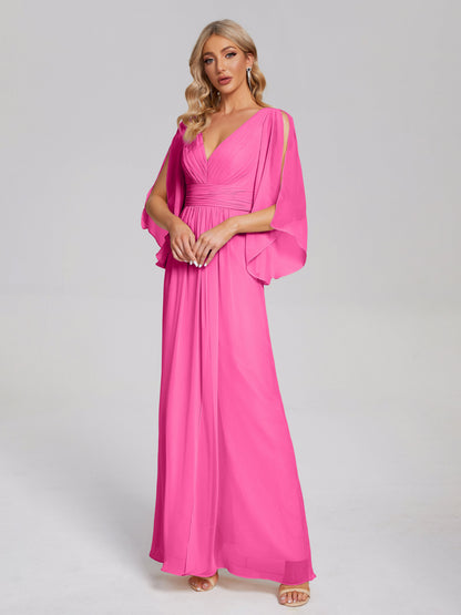 Fatima V-neck Ruffles Long Chiffon Bridesmaid Dress with Slit