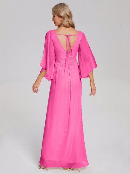 Fatima V-neck Ruffles Long Chiffon Bridesmaid Dress with Slit