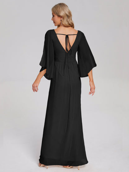 Fatima V-neck Ruffles Long Chiffon Bridesmaid Dress with Slit