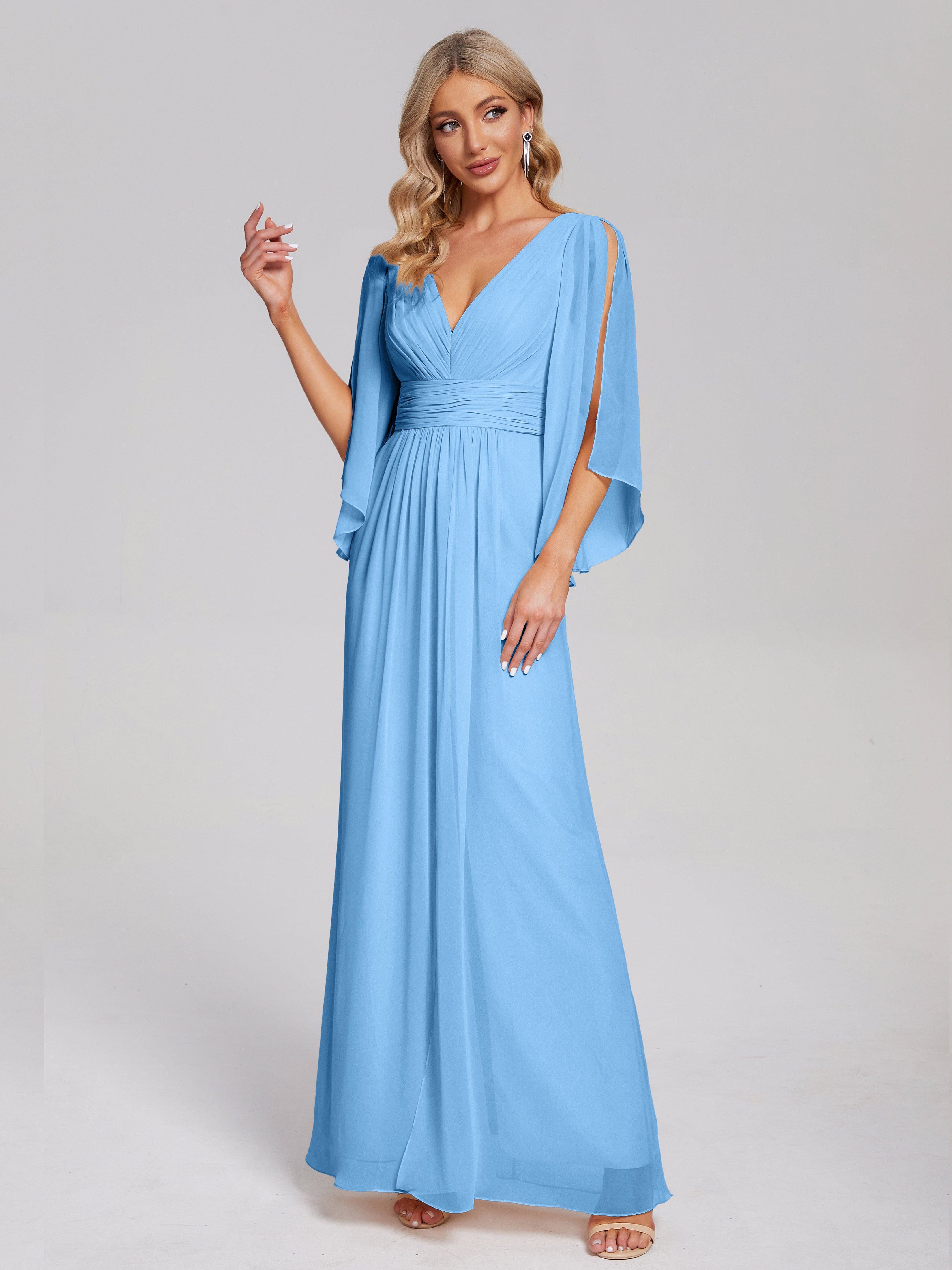 Fatima V-neck Ruffles Long Chiffon Bridesmaid Dress with Slit