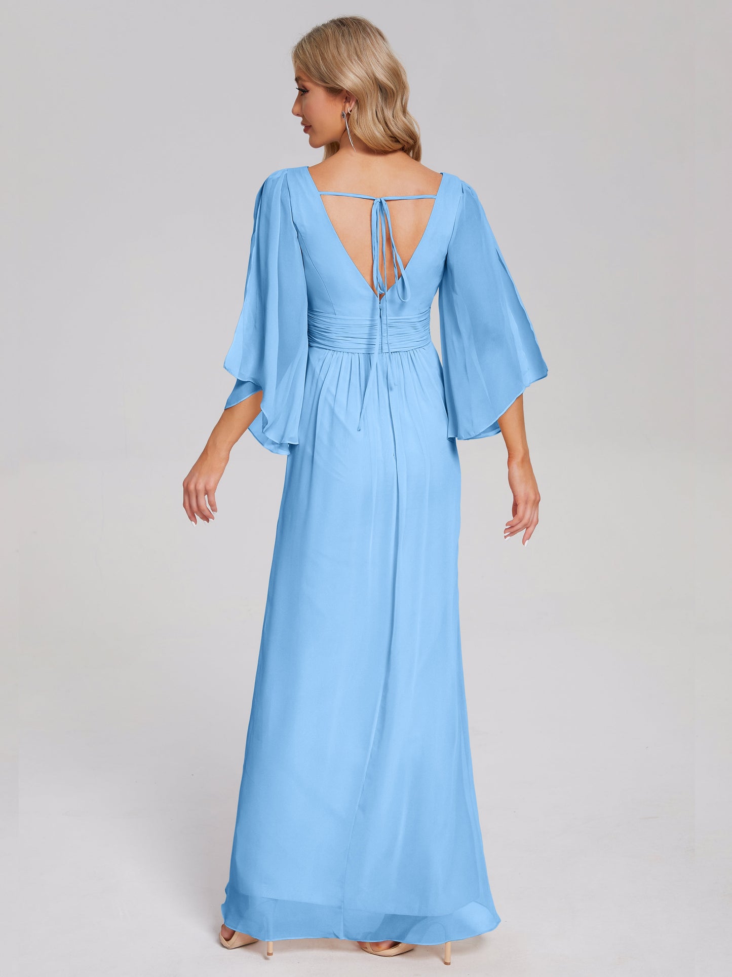 Fatima V-neck Ruffles Long Chiffon Bridesmaid Dress with Slit