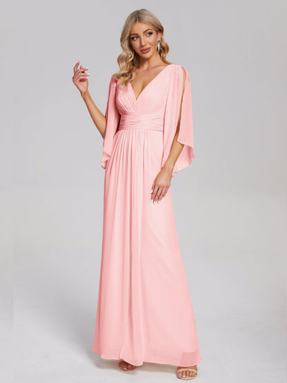 Fatima V-neck Ruffles Long Chiffon Bridesmaid Dress with Slit