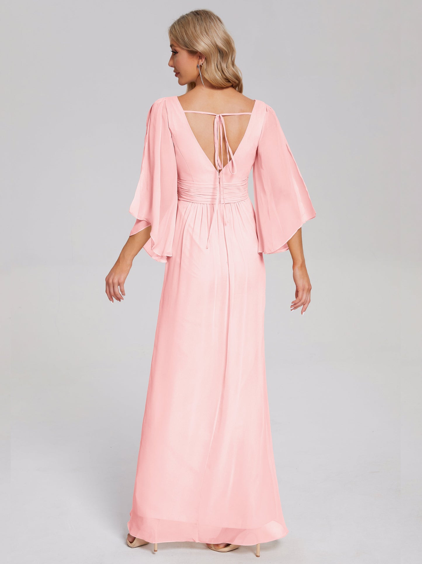 Fatima V-neck Ruffles Long Chiffon Bridesmaid Dress with Slit