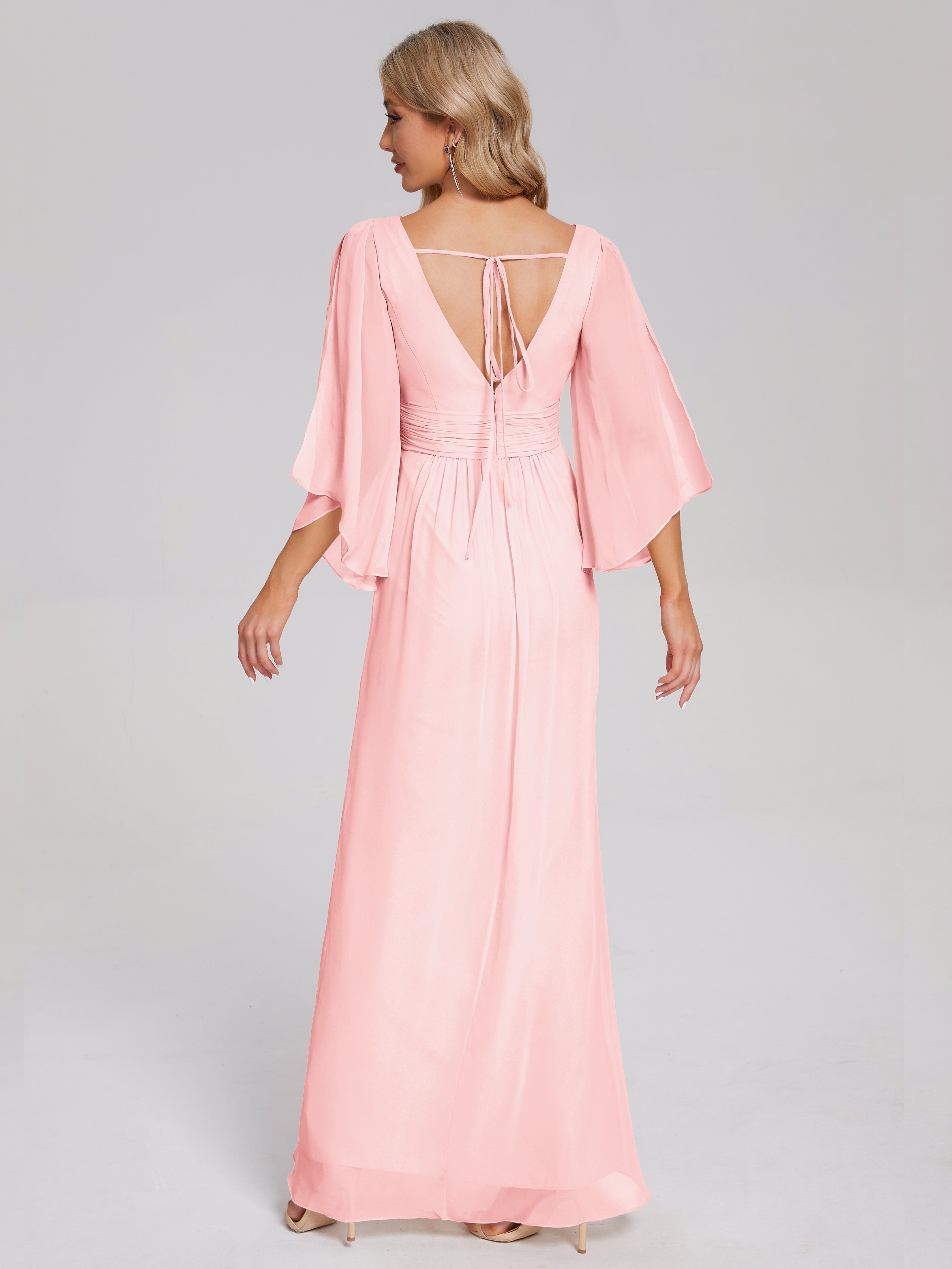 Fatima V-neck Ruffles Long Chiffon Bridesmaid Dress with Slit