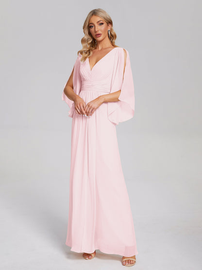 Fatima V-neck Ruffles Long Chiffon Bridesmaid Dress with Slit
