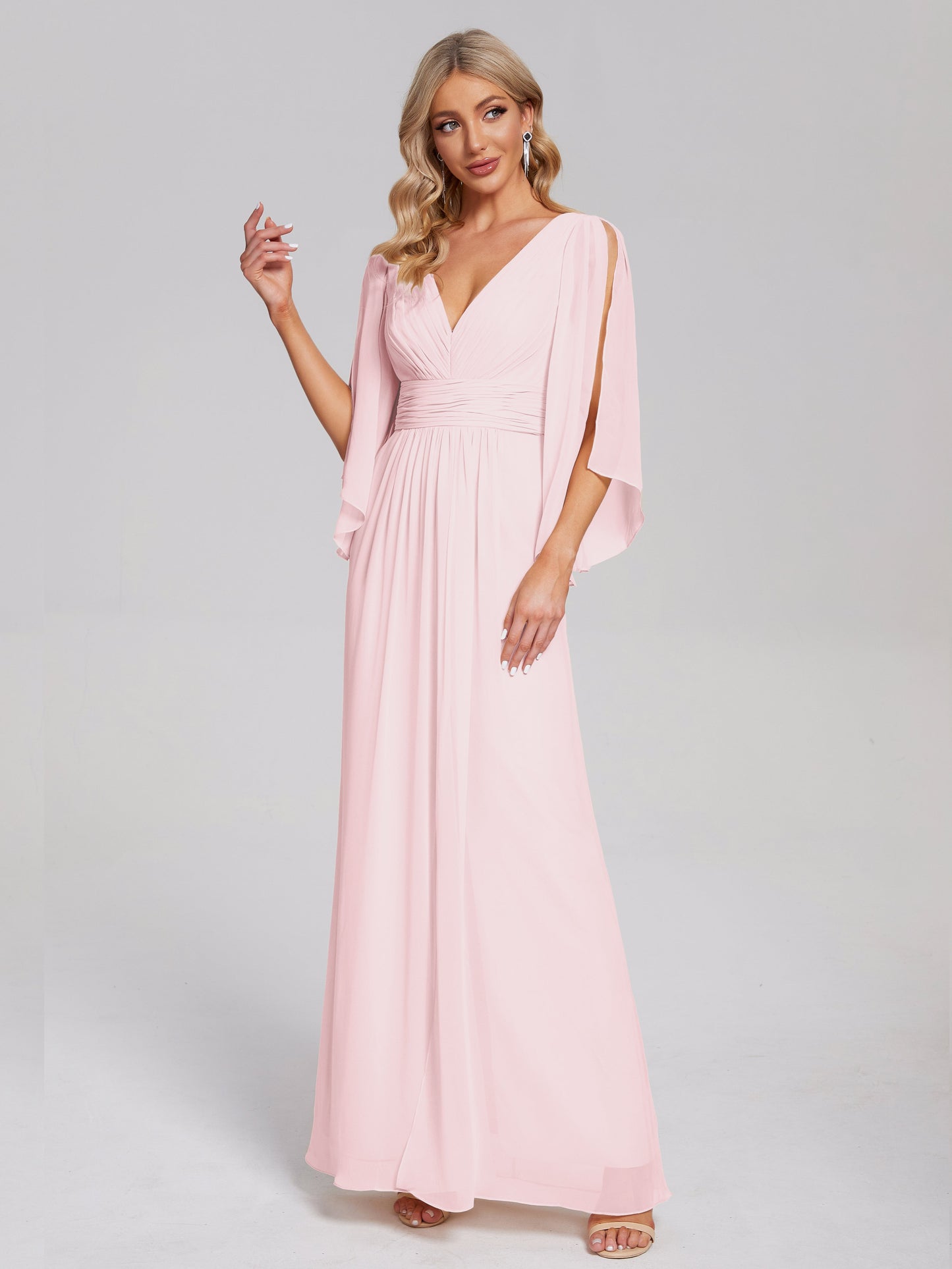Fatima V-neck Ruffles Long Chiffon Bridesmaid Dress with Slit