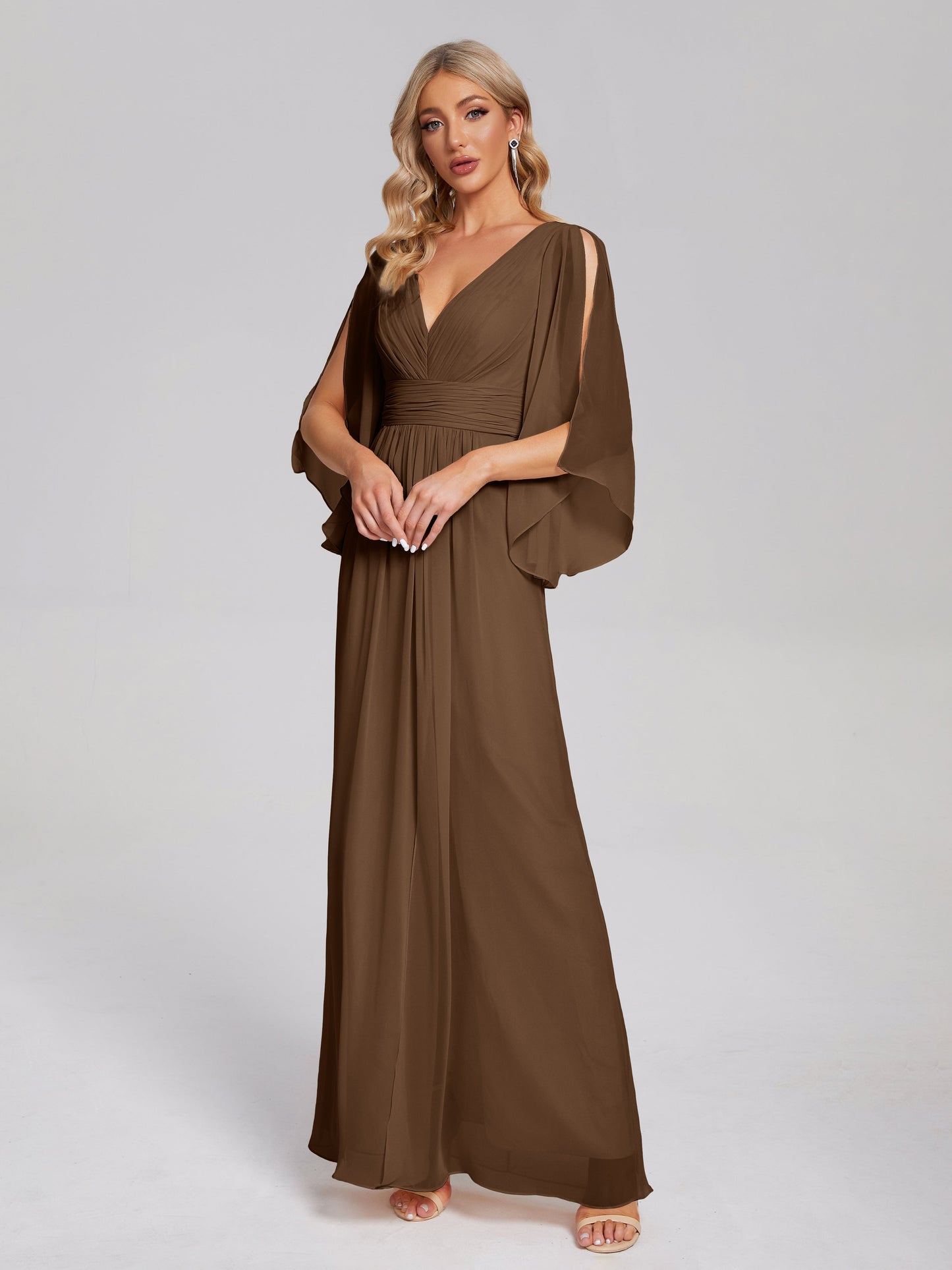 Fatima V-neck Ruffles Long Chiffon Bridesmaid Dress with Slit
