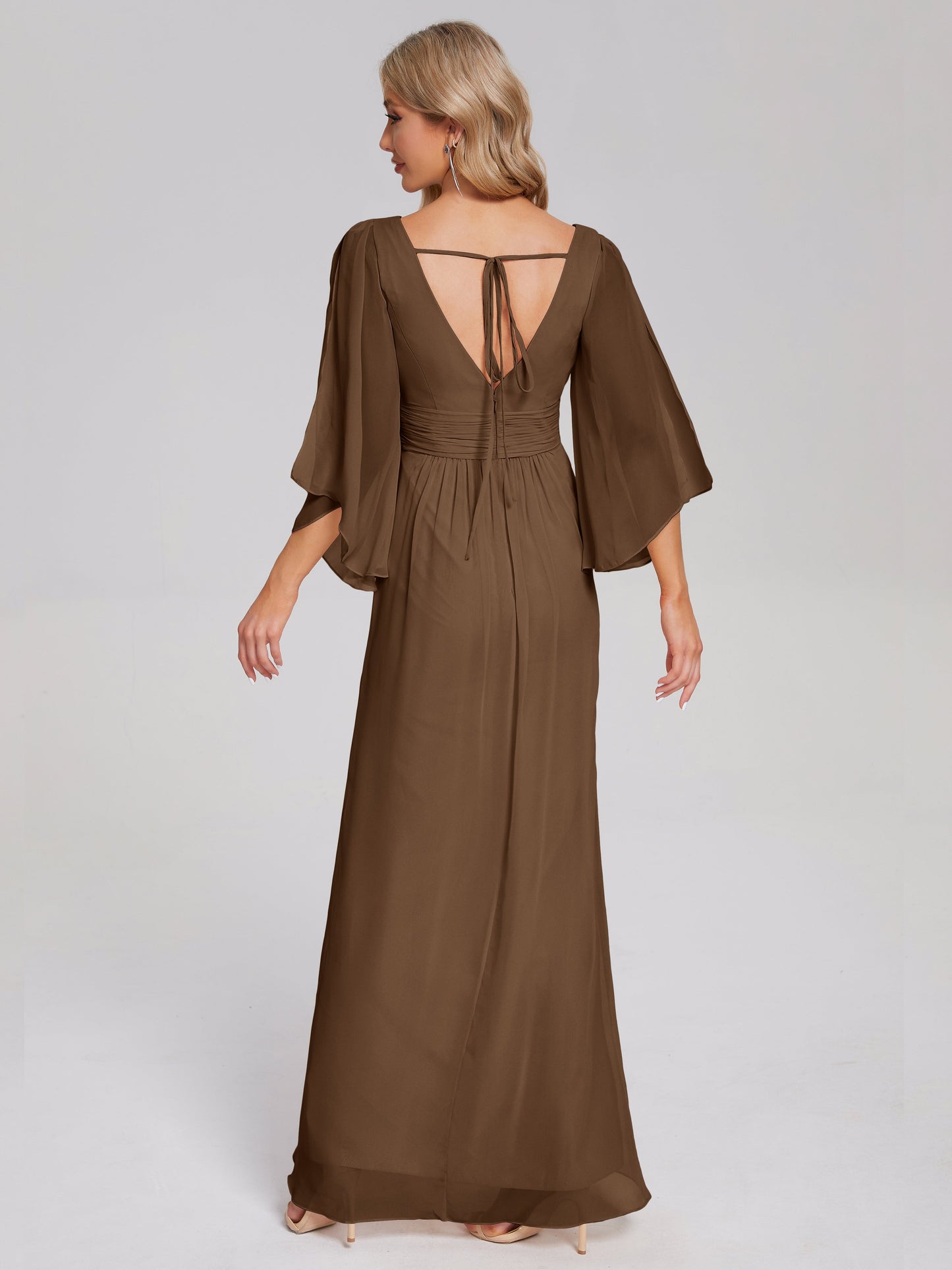 Fatima V-neck Ruffles Long Chiffon Bridesmaid Dress with Slit