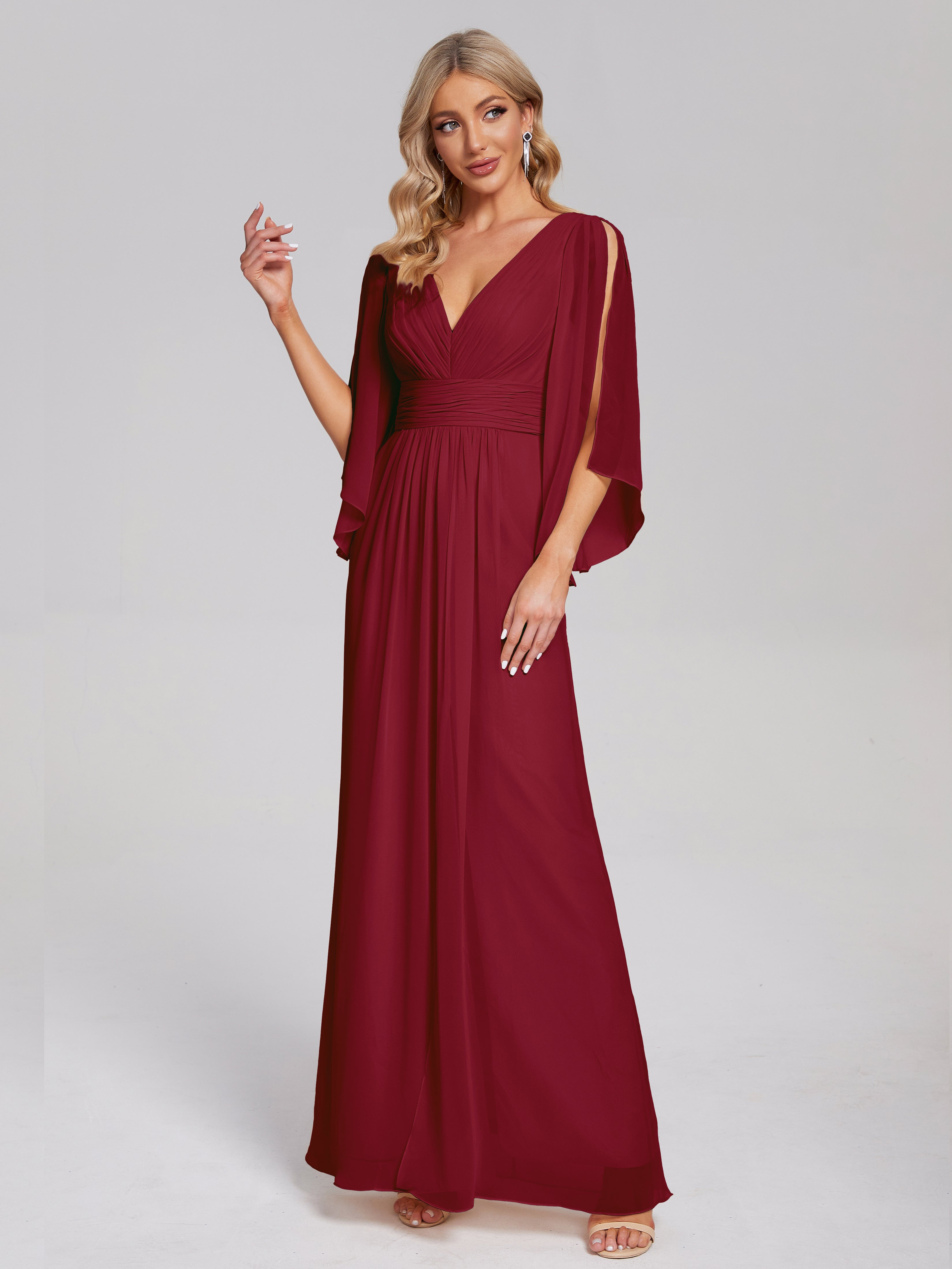 Fatima V-neck Ruffles Long Chiffon Bridesmaid Dress with Slit