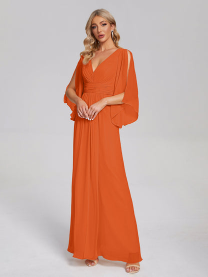 Fatima V-neck Ruffles Long Chiffon Bridesmaid Dress with Slit