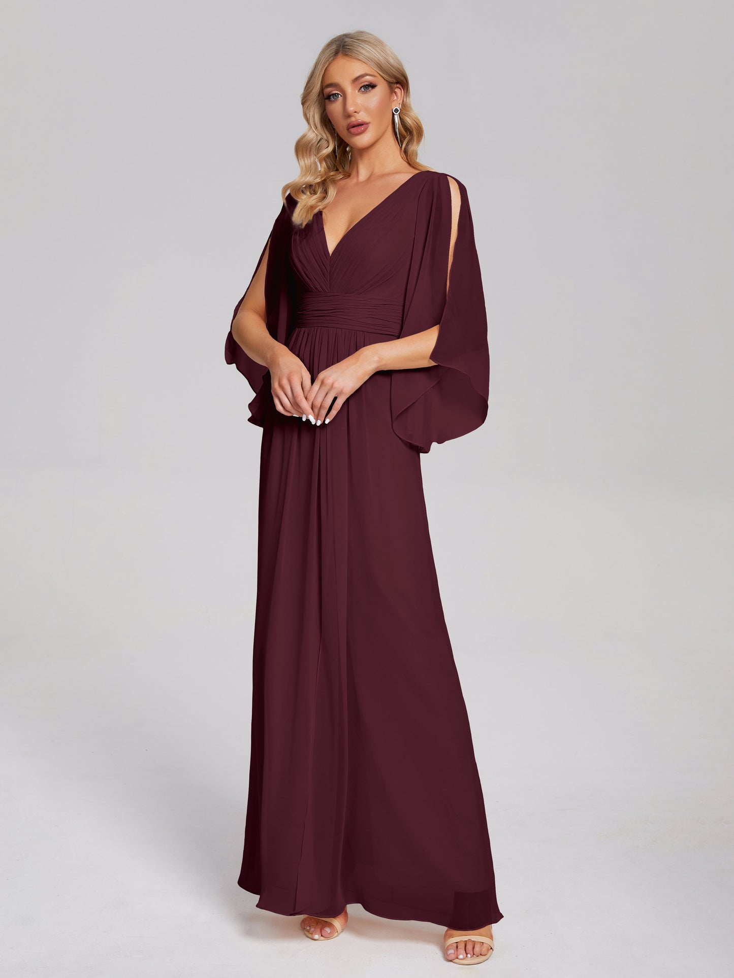 Fatima V-neck Ruffles Long Chiffon Bridesmaid Dress with Slit