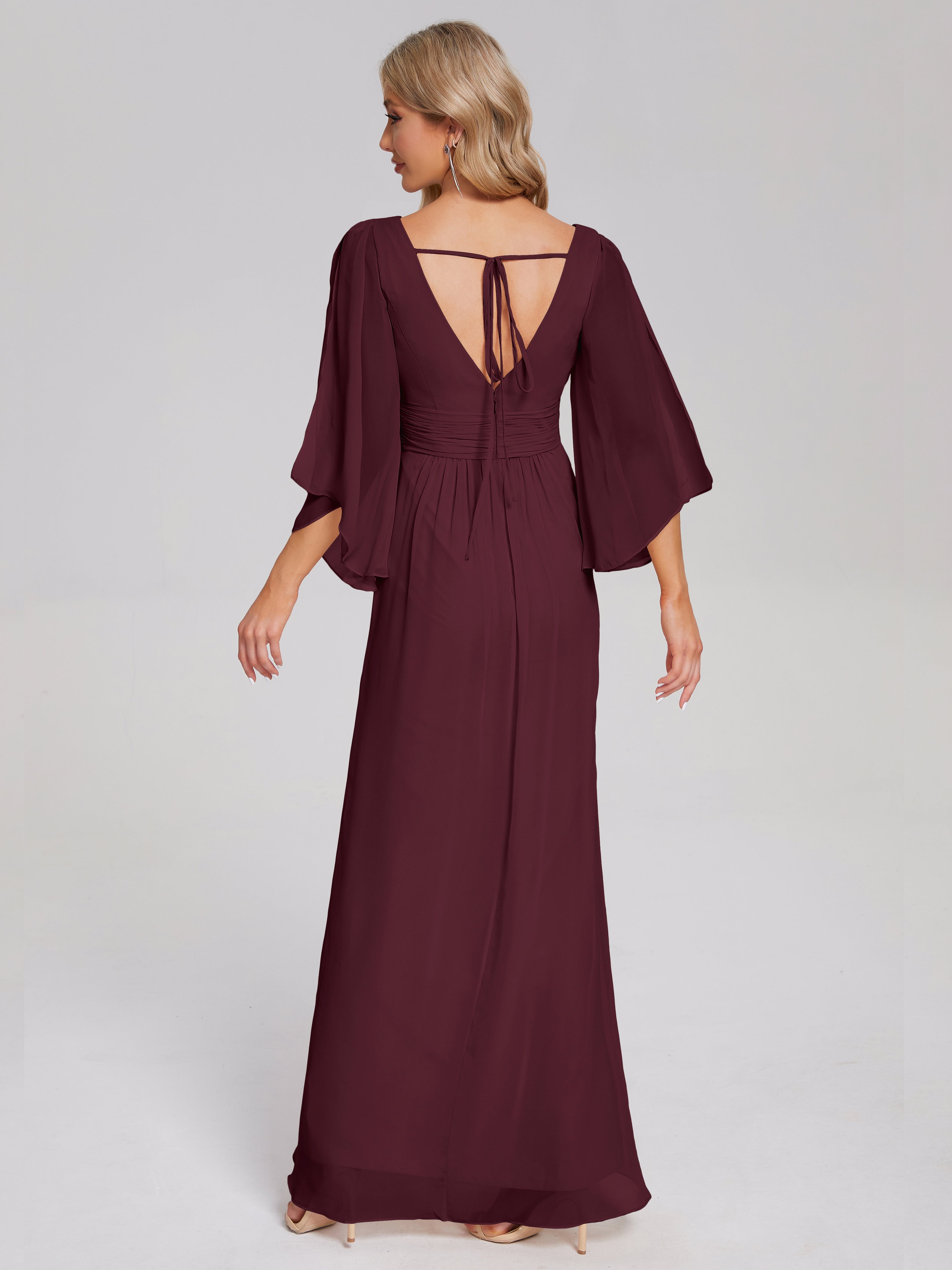 Fatima V-neck Ruffles Long Chiffon Bridesmaid Dress with Slit