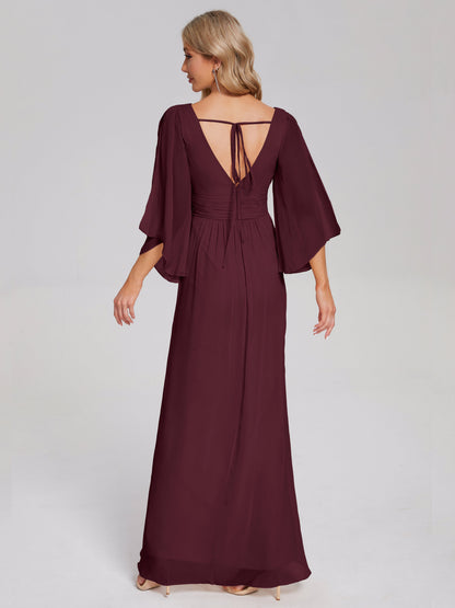 Fatima V-neck Ruffles Long Chiffon Bridesmaid Dress with Slit