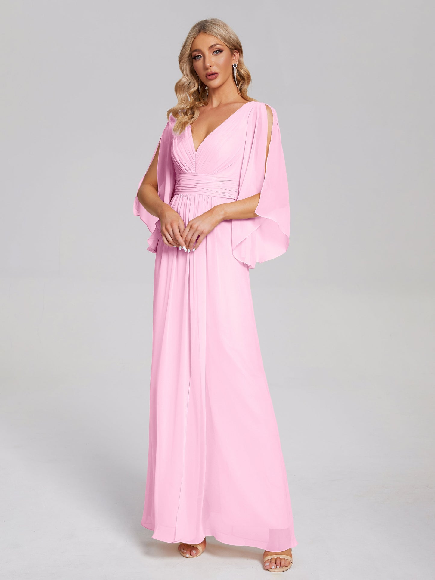 Fatima V-neck Ruffles Long Chiffon Bridesmaid Dress with Slit