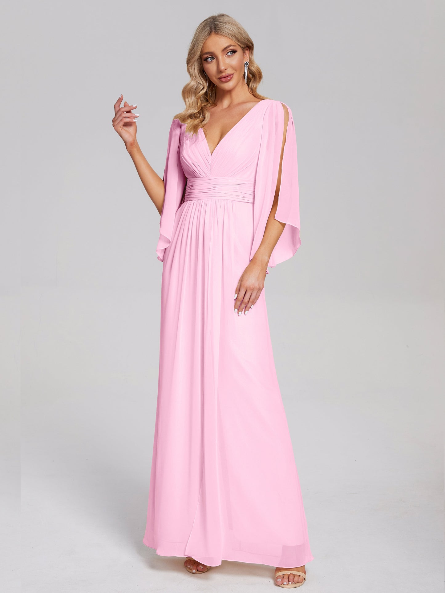 Fatima V-neck Ruffles Long Chiffon Bridesmaid Dress with Slit
