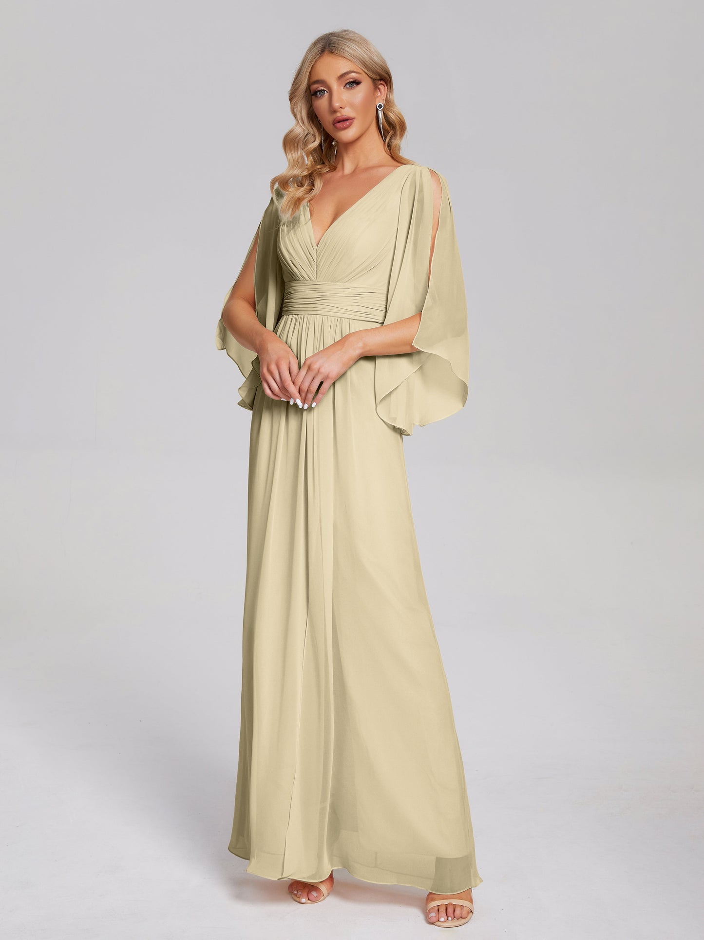 Fatima V-neck Ruffles Long Chiffon Bridesmaid Dress with Slit