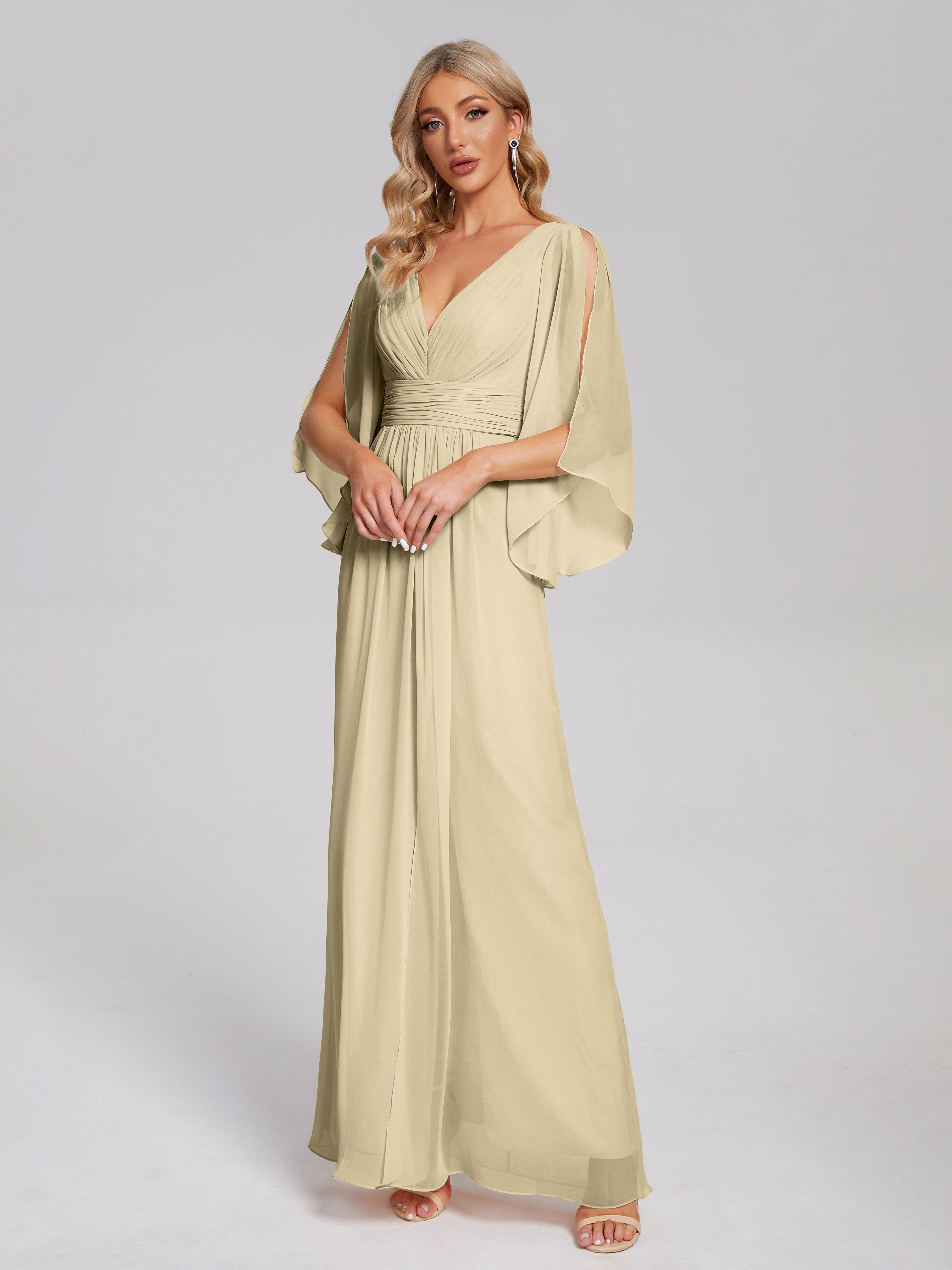 Fatima V-neck Ruffles Long Chiffon Bridesmaid Dress with Slit