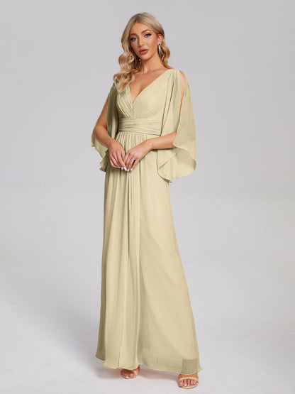 Fatima V-neck Ruffles Long Chiffon Bridesmaid Dress with Slit