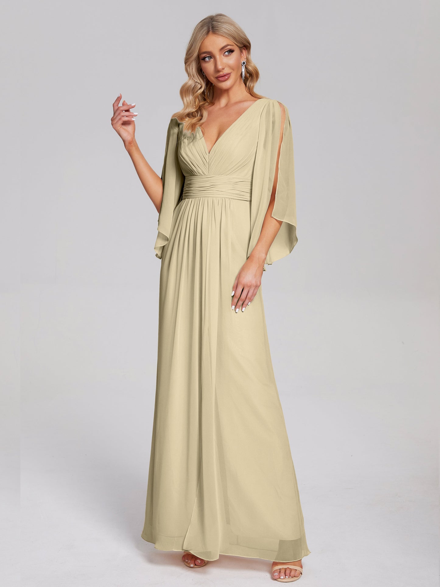 Fatima V-neck Ruffles Long Chiffon Bridesmaid Dress with Slit