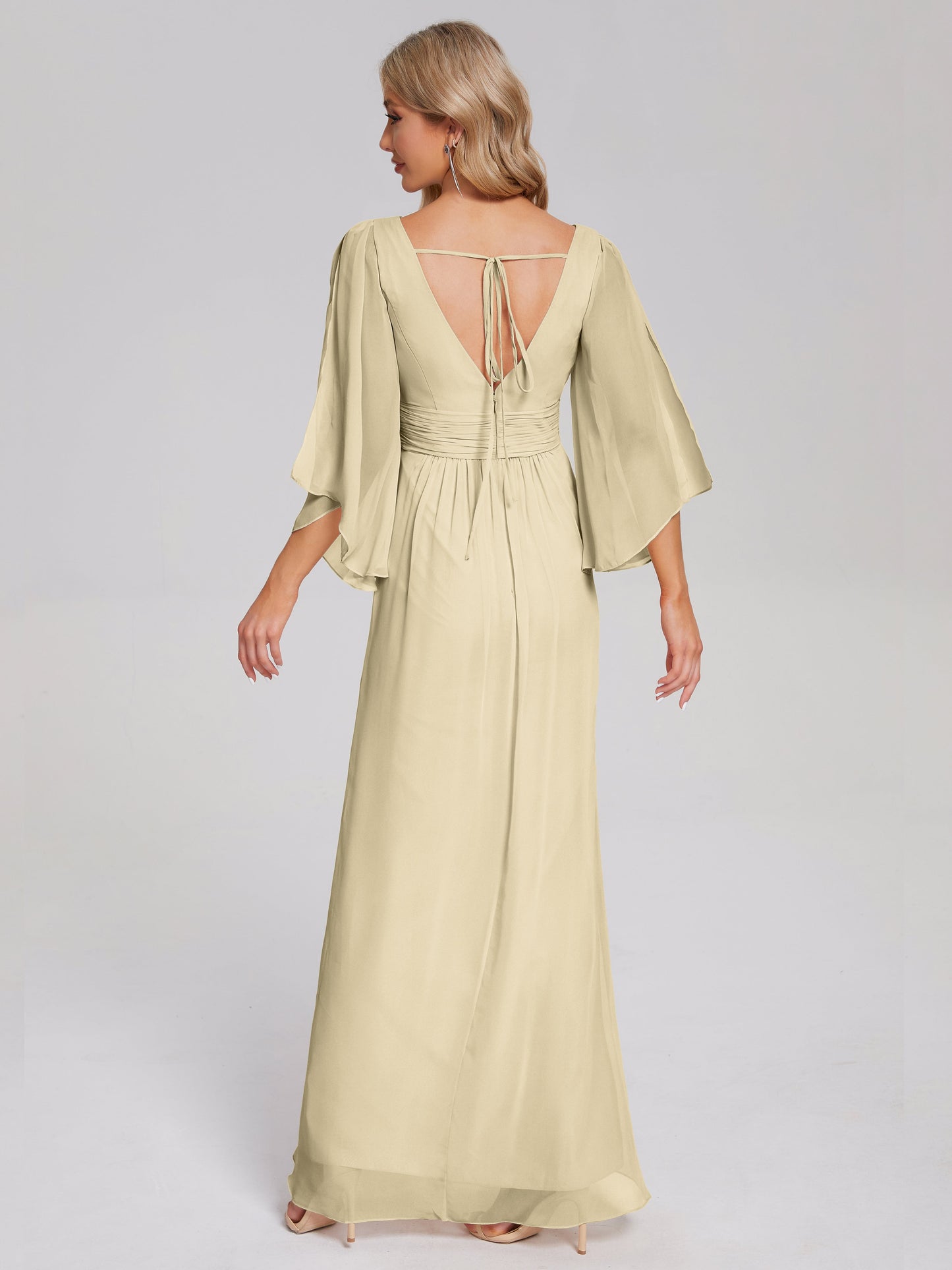 Fatima V-neck Ruffles Long Chiffon Bridesmaid Dress with Slit