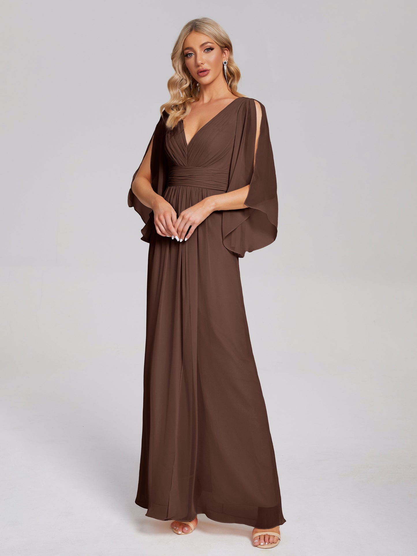 Fatima V-neck Ruffles Long Chiffon Bridesmaid Dress with Slit