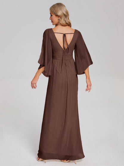 Fatima V-neck Ruffles Long Chiffon Bridesmaid Dress with Slit
