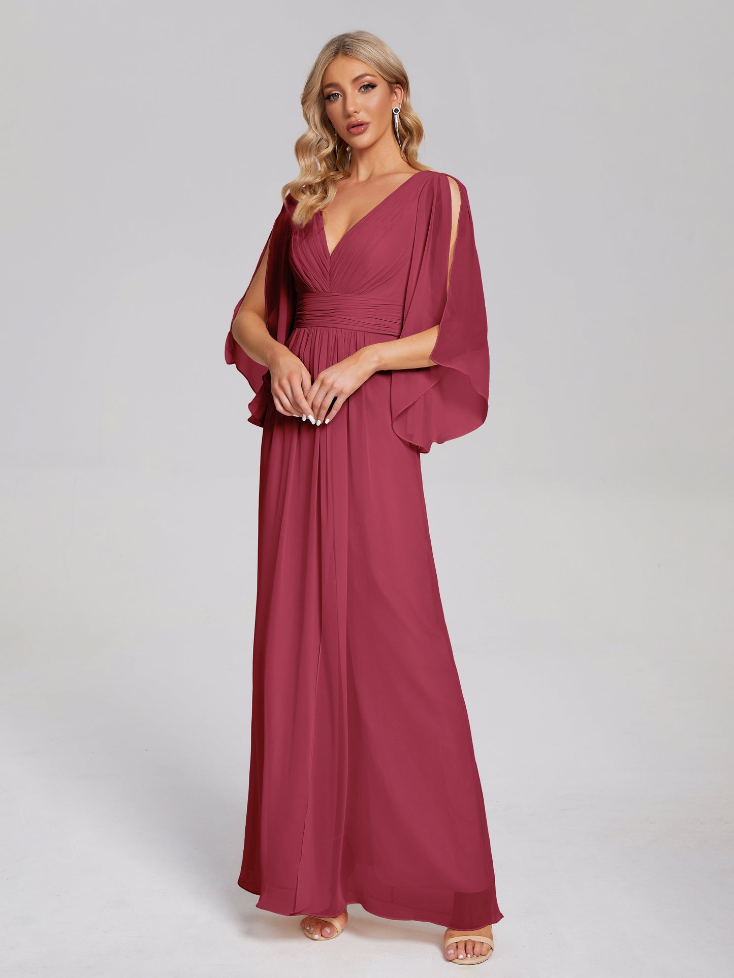 Fatima V-neck Ruffles Long Chiffon Bridesmaid Dress with Slit