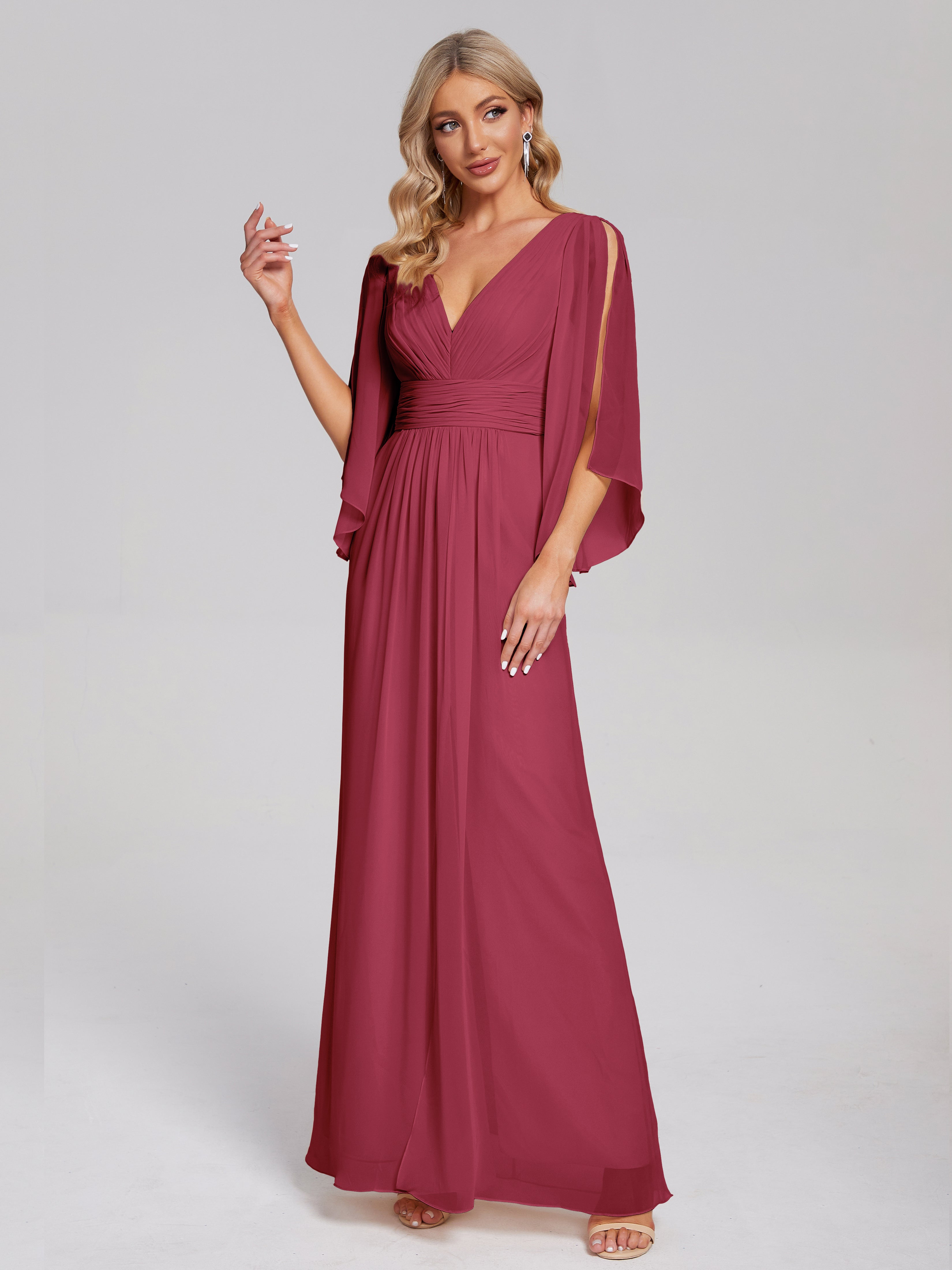 Fatima V-neck Ruffles Long Chiffon Bridesmaid Dress with Slit