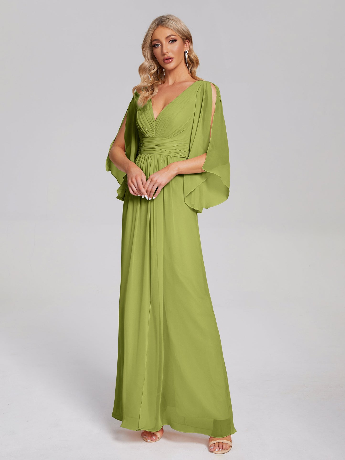 Fatima V-neck Ruffles Long Chiffon Bridesmaid Dress with Slit