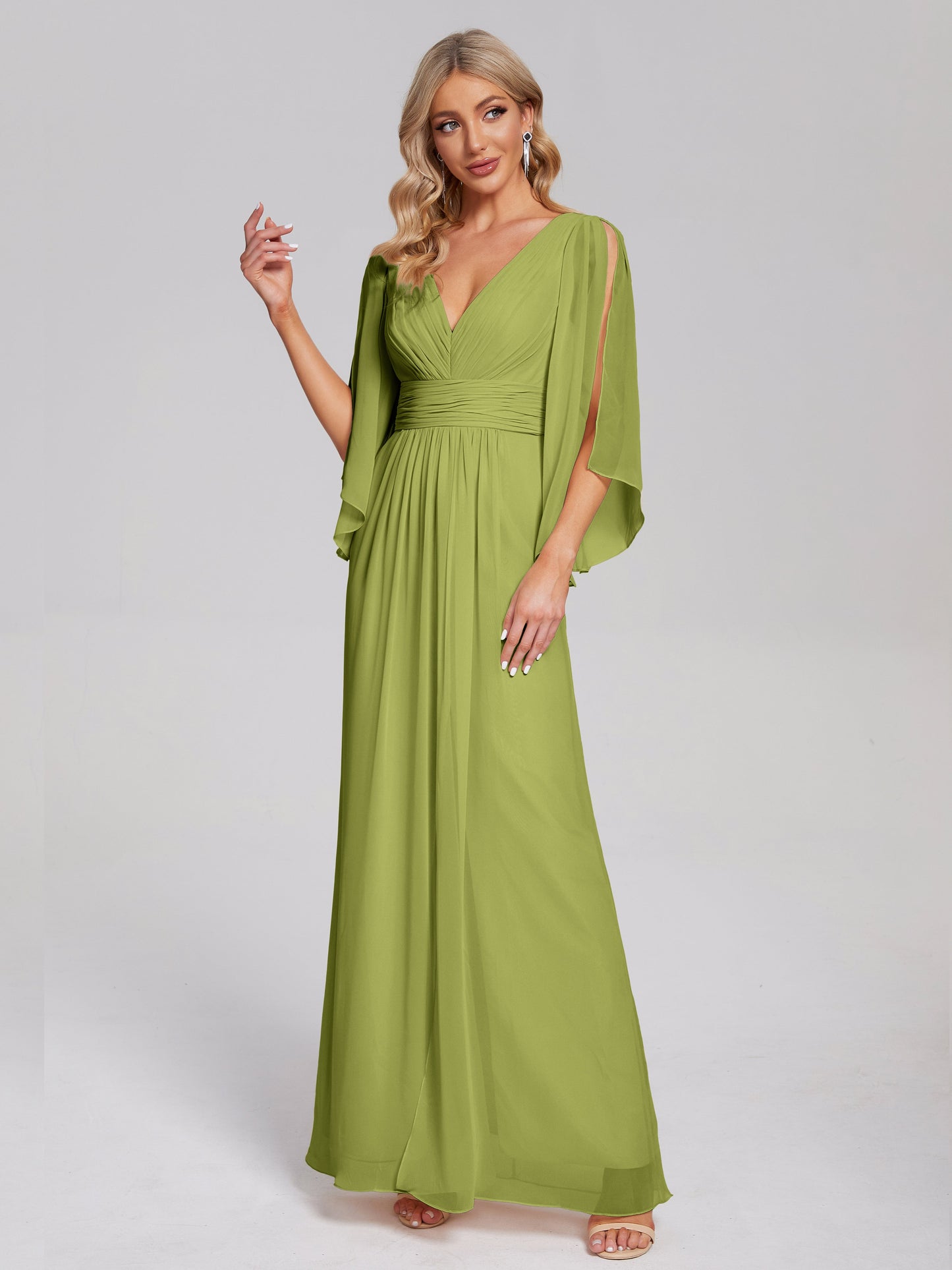 Fatima V-neck Ruffles Long Chiffon Bridesmaid Dress with Slit