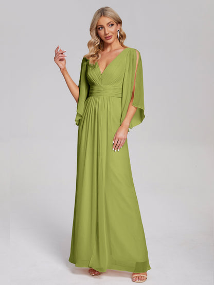 Fatima V-neck Ruffles Long Chiffon Bridesmaid Dress with Slit