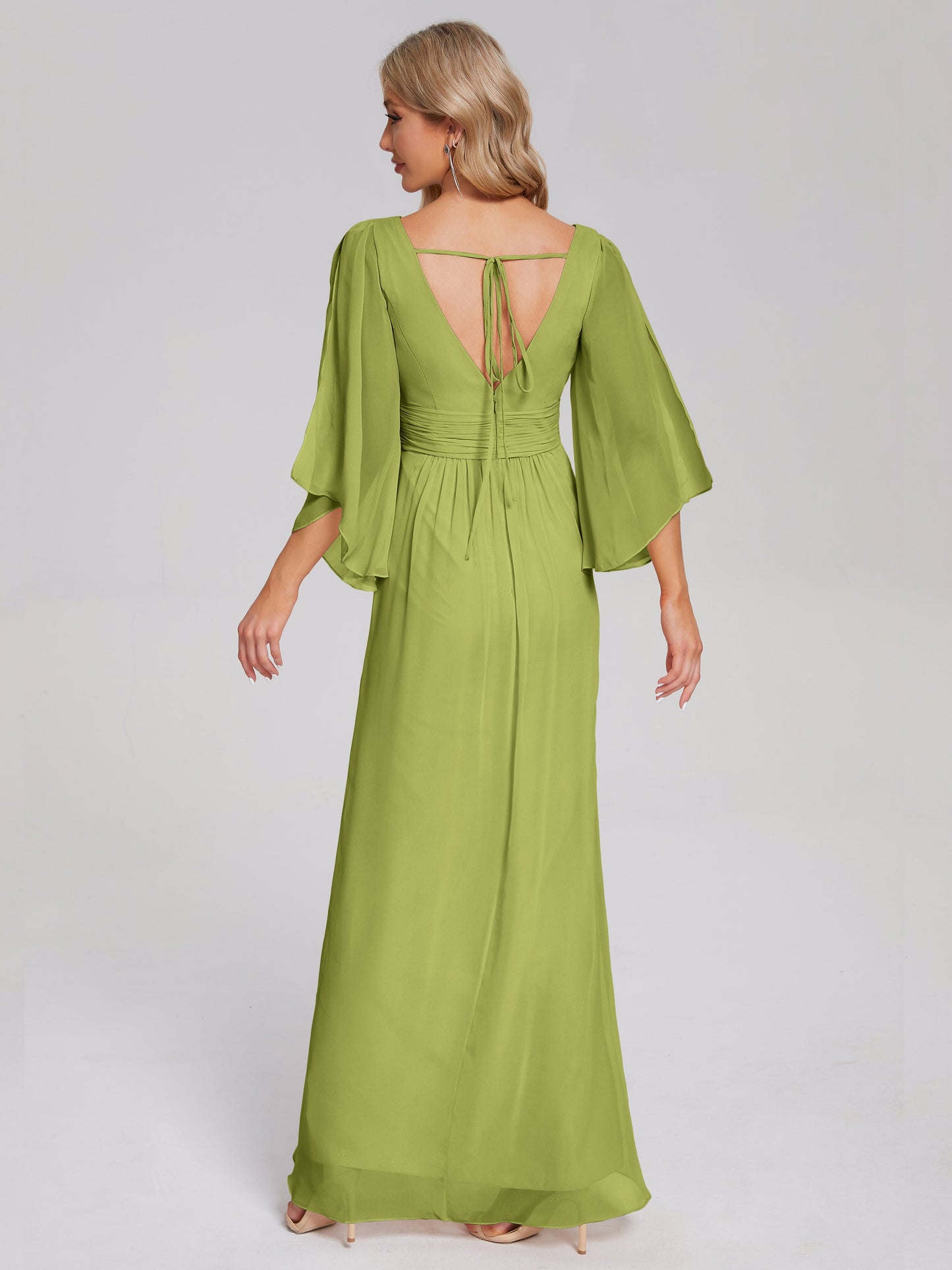 Fatima V-neck Ruffles Long Chiffon Bridesmaid Dress with Slit