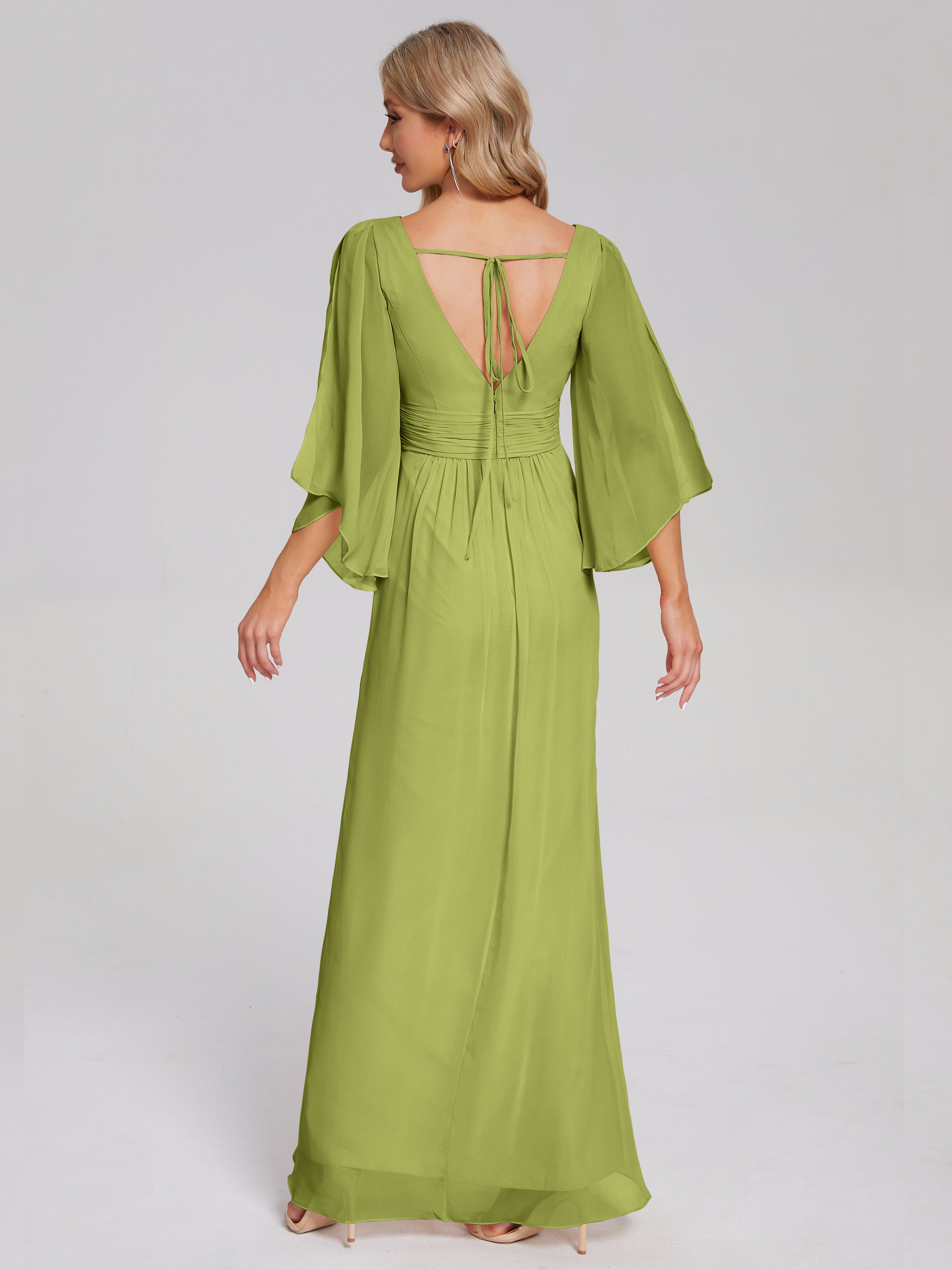 Fatima V-neck Ruffles Long Chiffon Bridesmaid Dress with Slit