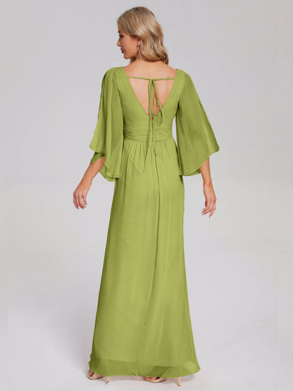Fatima V-neck Ruffles Long Chiffon Bridesmaid Dress with Slit
