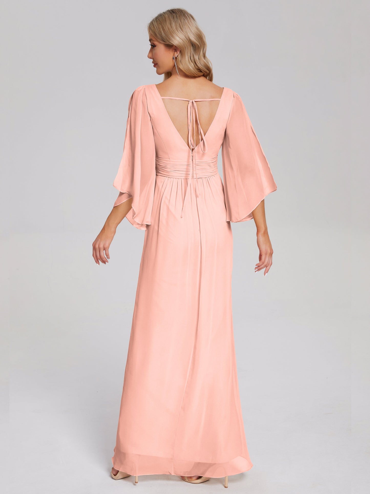Fatima V-neck Ruffles Long Chiffon Bridesmaid Dress with Slit