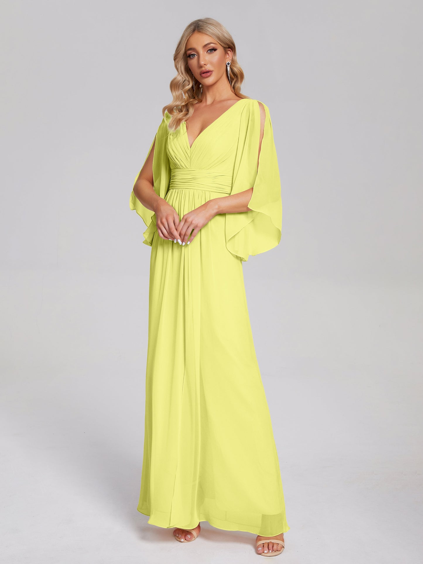 Fatima V-neck Ruffles Long Chiffon Bridesmaid Dress with Slit