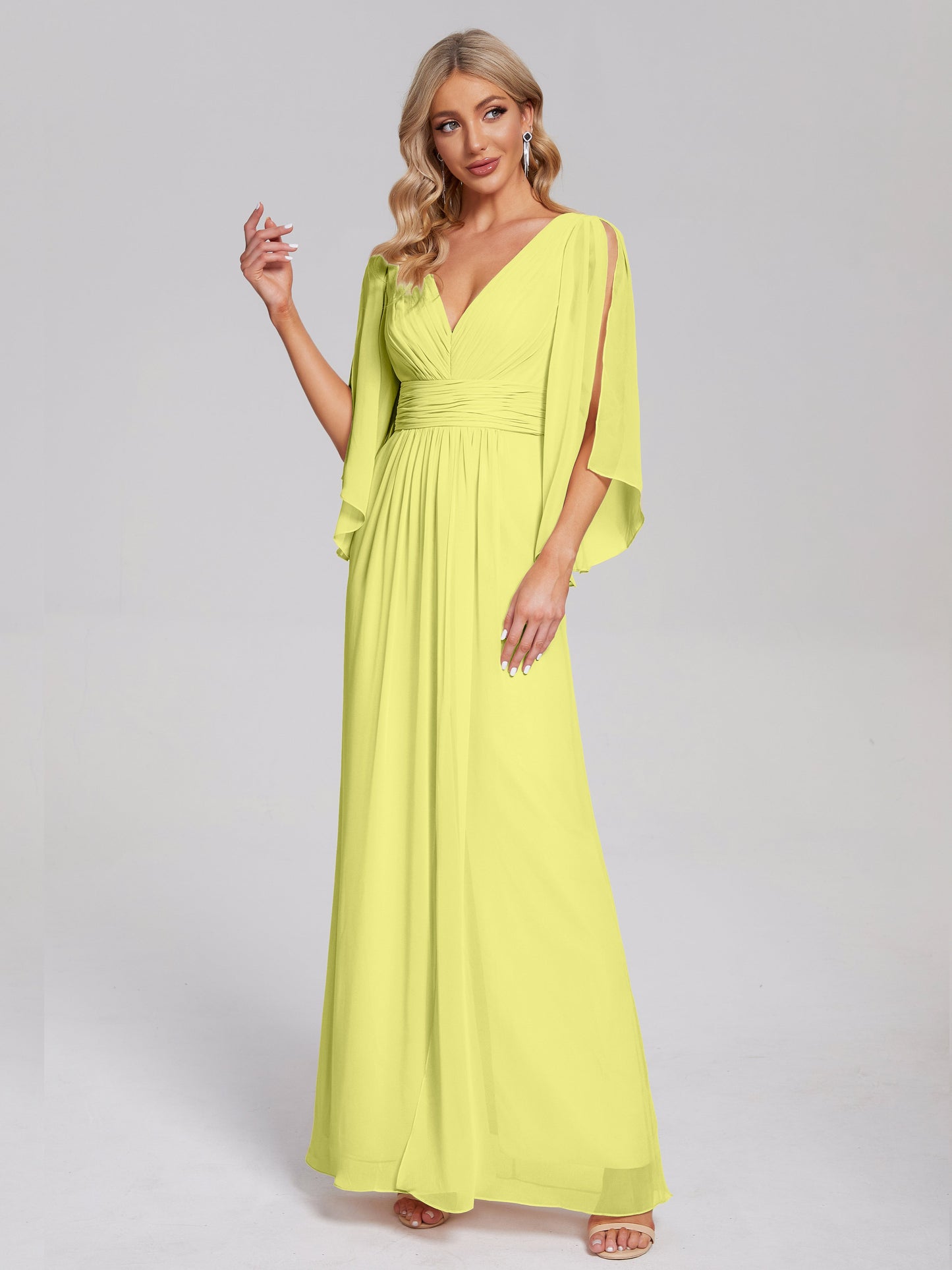 Fatima V-neck Ruffles Long Chiffon Bridesmaid Dress with Slit