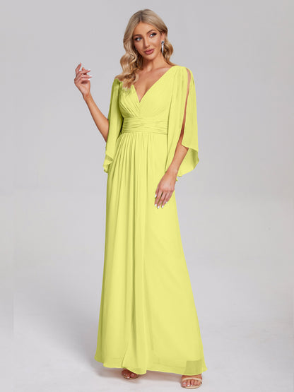 Fatima V-neck Ruffles Long Chiffon Bridesmaid Dress with Slit