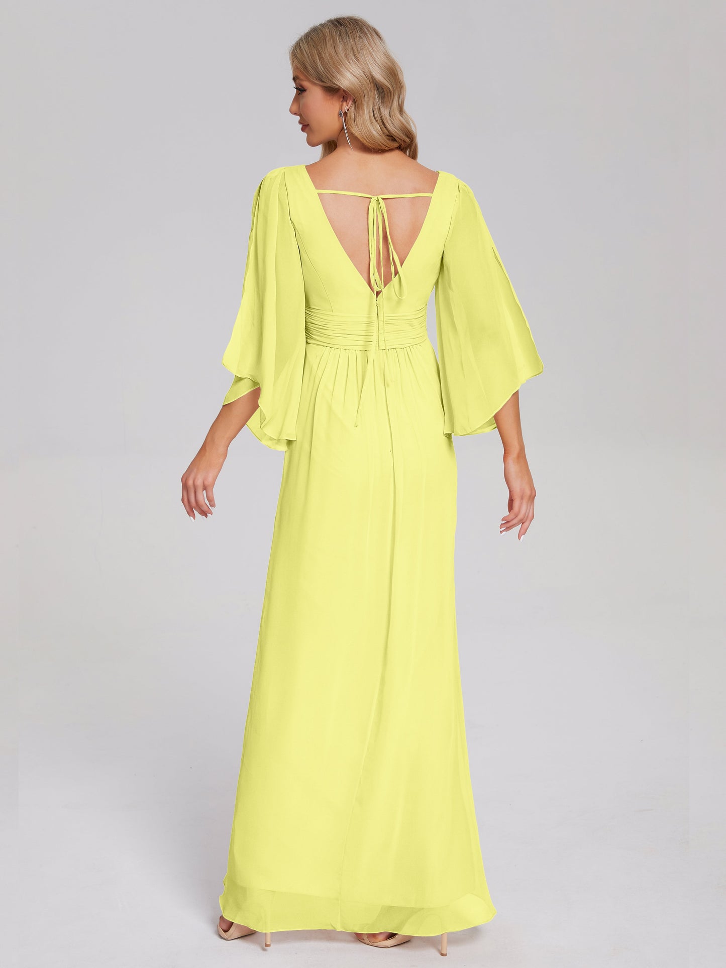 Fatima V-neck Ruffles Long Chiffon Bridesmaid Dress with Slit