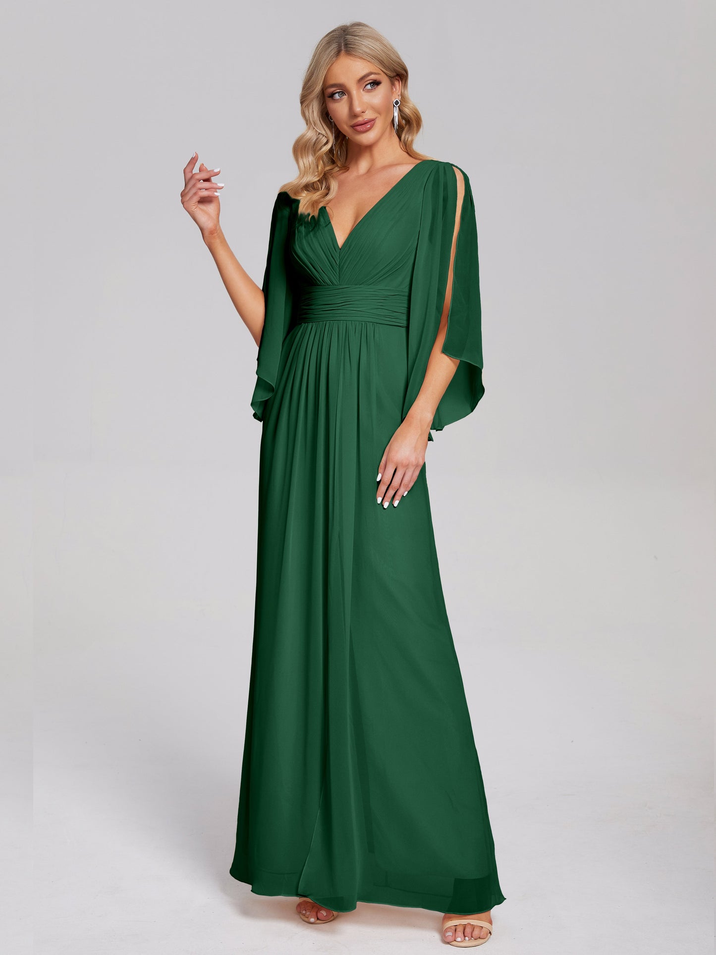 Fatima V-neck Ruffles Long Chiffon Bridesmaid Dress with Slit