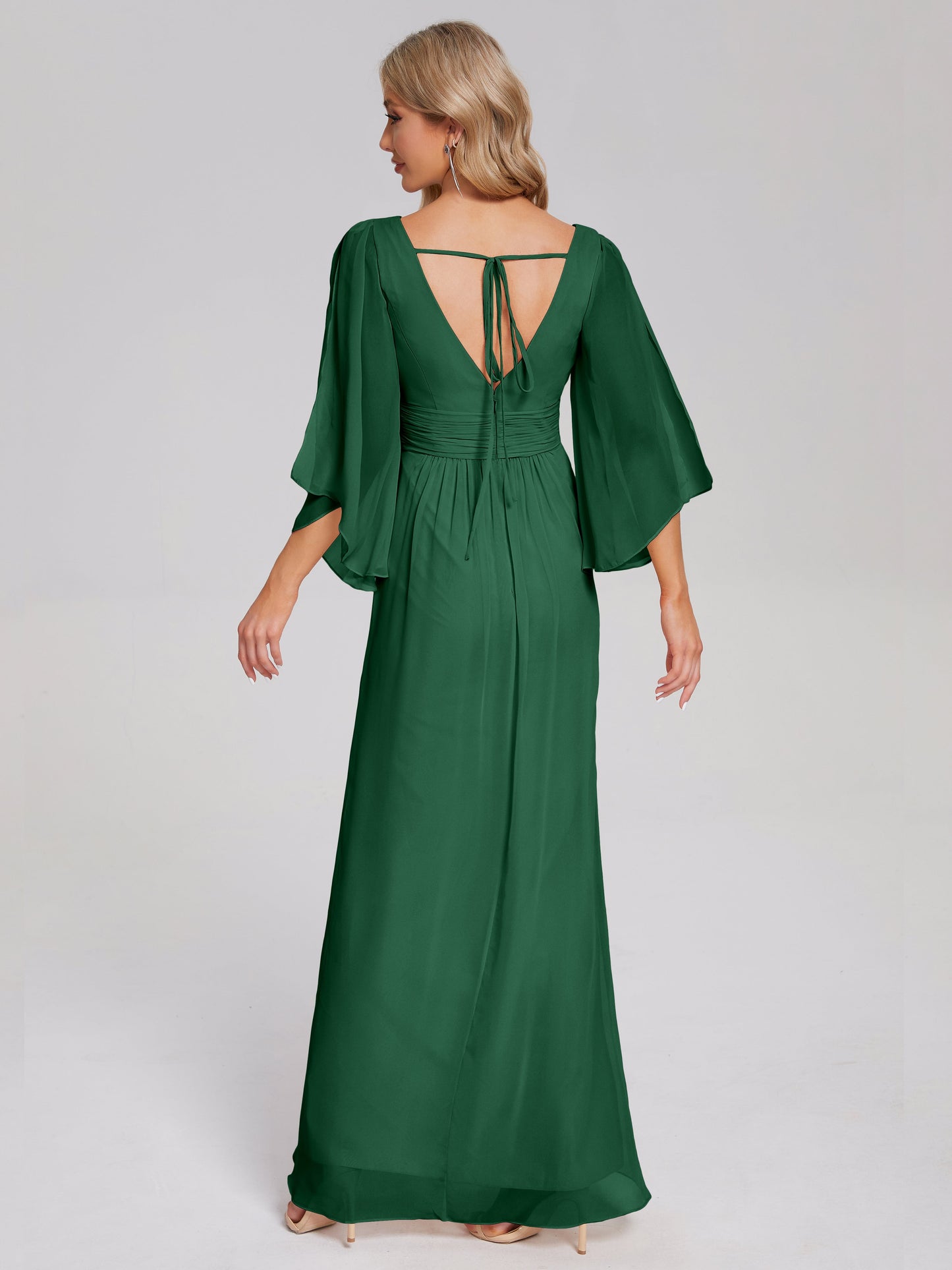Fatima V-neck Ruffles Long Chiffon Bridesmaid Dress with Slit
