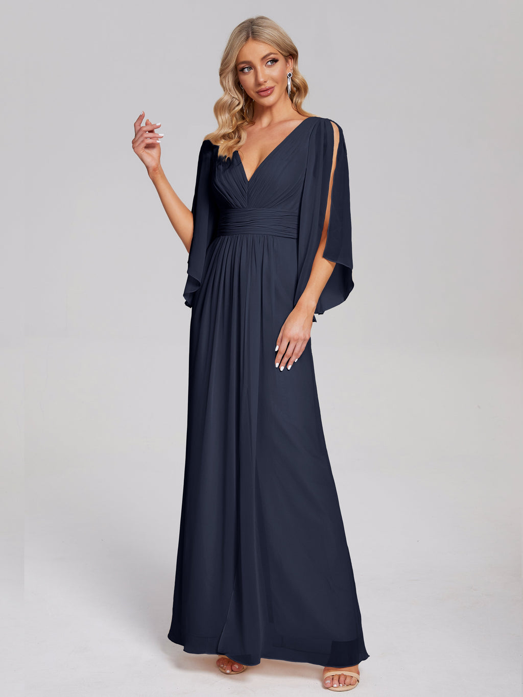 Fatima V-neck Ruffles Long Chiffon Bridesmaid Dress with Slit