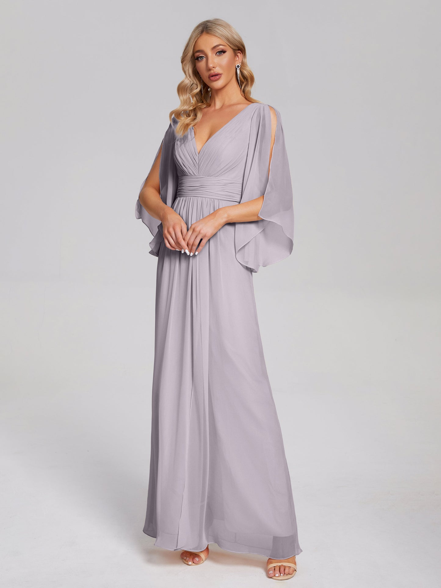 Fatima V-neck Ruffles Long Chiffon Bridesmaid Dress with Slit